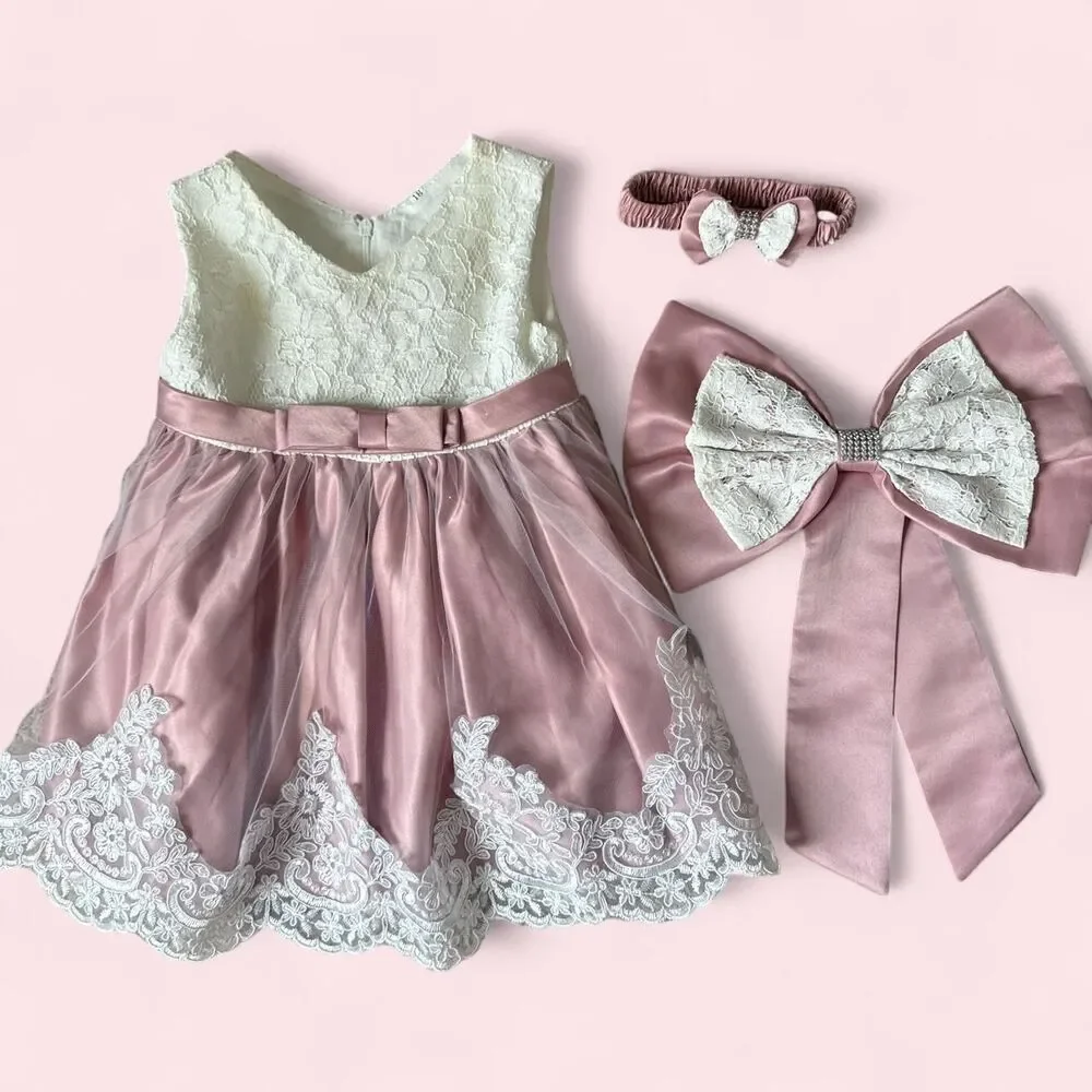 Girls Pink & White Lace Party Dress with Matching Hair Bow & Headband | 18M
